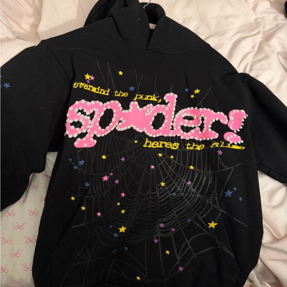 Black Graphic Hoodie Sweater with Pink Spider Design
